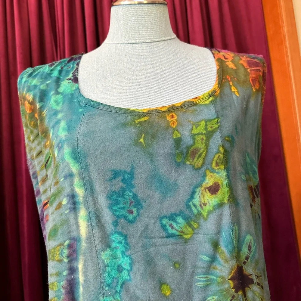 Sacred Threads Tie Dye Tank Tunic one size w/gather details on side square neck - Picture 9 of 11